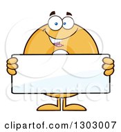 Clipart Of A Cartoon Happy Round Glazed Or Plain Donut Character Holding A Blank Sign Royalty Free Vector Illustration