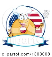 Poster, Art Print Of Cartoon Happy Glazed Or Plain Chef Donut Character Holding A Spatula Over An American Flag Circle And Blank Banner