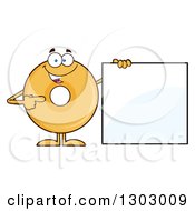 Cartoon Happy Round Glazed Or Plain Donut Character Pointing To A Blank Sign