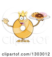 Poster, Art Print Of Cartoon Happy Round Glazed Or Plain Donut King Character Gesturing Ok And Holding A Plate