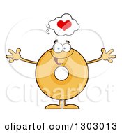 Poster, Art Print Of Cartoon Happy Round Glazed Or Plain Donut Character With Open Arms Thinking About Love