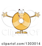 Poster, Art Print Of Cartoon Happy Round Glazed Or Plain Donut Character With Open Arms