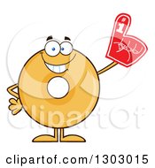 Poster, Art Print Of Cartoon Happy Round Glazed Or Plain Donut Character Wearing A Foam Finger
