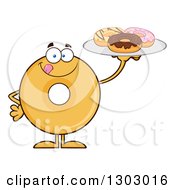 Cartoon Happy Round Glazed Or Plain Donut Character Licking His Lips And Holding A Plate
