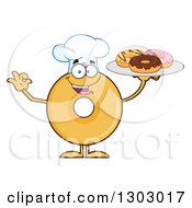 Cartoon Happy Round Glazed Or Plain Chef Donut Character Gesturing Ok And Holding A Plate With Sweets