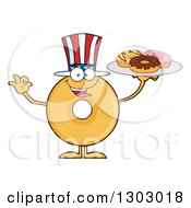Cartoon Happy Round Glazed Or Plain American Donut Character Gesturing Ok And Holding A Plate