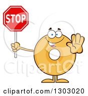 Clipart Of A Cartoon Happy Round Glazed Or Plain Donut Character Gesturing And Holding A Stop Sign Royalty Free Vector Illustration