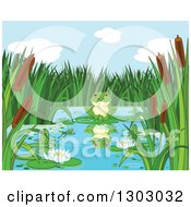 Poster, Art Print Of Cute Frog With A Reflection Resting On A Lily Pad On A Pond