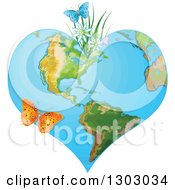 Poster, Art Print Of Heart Shaped Planet Earth With Spring Flowers And Butterflies