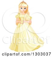 Poster, Art Print Of Happy Blond Blue Eyed Caucasian Princess Standing In A Yellow Dress And Forming A Heart With Her Hands