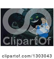 Clipart Of Alice In Wonderland Sitting On A Tree With A Smiling Cheshire Cat Face At Night Royalty Free Vector Illustration