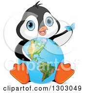 Poster, Art Print Of Cute Baby Penguin Sitting With An Earth Globe And A Blue Butterfly