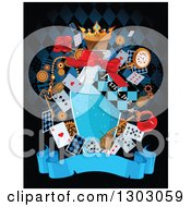 Poster, Art Print Of Bottle Of Potion With A Drink Me Tab With Alice And Wonderland Cards And Items Over A Blank Banner On Black