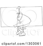 Lineart Clipart Of A Black And White Cartoon Chubby Man Carrying A Big Board Royalty Free Outline Vector Illustration