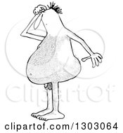 Cartoon Hairy Black And White Nude Man Looking Down At His Small Penis