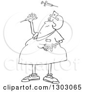 Poster, Art Print Of Black And White Cartoon Chubby Female Nurse Juggling Vaccine Syringes