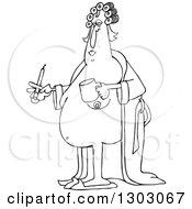 Cartoon Black And White Chubby Nude Woman Holding A Cigarette Coffee Mug Wearing Curlers And Standing With An Open Robe