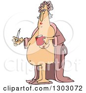 Cartoon Chubby Nude White Woman Holding A Cigarette Coffee Mug Wearing Curlers And Standing With An Open Robe
