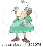 Cartoon Chubby White Female Nurse Juggling Vaccine Syringes