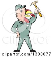 Clipart Of A Cartoon Turkey Bird Builder Worker Holding Up A Hammer Royalty Free Vector Illustration by patrimonio