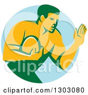 Retro Male Rugby Player Fending Off In A Blue Circle