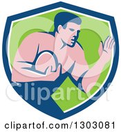 Clipart Of A Retro Male Rugby Player Fending Off In A Blue White And Green Shield Royalty Free Vector Illustration