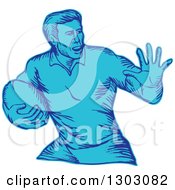 Blue Engraved Or Sketched Male Rugby Player Fending