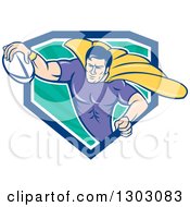 Poster, Art Print Of Retro Cartoon Super Hero Flying With A Rugby Ball And Emerging From A Blue White And Turquoise Ray Shield