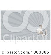 Clipart Of A Retro Geometric Male Rugby Player And Gray Rays Background Or Business Card Design Royalty Free Illustration