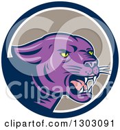 Growling Purple Black Panther Cat In A Blue White And Taupe Circle