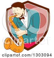 Poster, Art Print Of Retro Cartoon Male Musician Playing A Saxophone And Emerging From A Brown White And Pink Shield