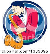 Poster, Art Print Of Retro Cartoon Male Musician Playing A Saxophone And Emerging From A Blue And White Circle