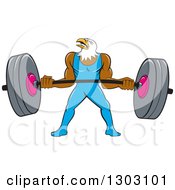 Poster, Art Print Of Cartoon Muscular Bald Eagle Bodybuilder Man Lifting A Heavy Barbell