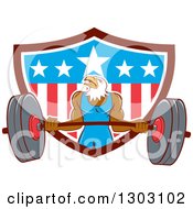 Poster, Art Print Of Cartoon Muscular Bald Eagle Bodybuilder Man Lifting And Emerging From An American Shield