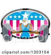 Poster, Art Print Of Cartoon Muscular Bald Eagle Bodybuilder Man Lifting A Heavy Barbell And Emerging From An American Oval