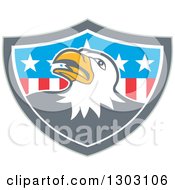 Retro Cartoon Tough Bald Eagle In A Gray White And American Flag Shield