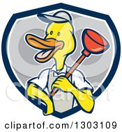 Poster, Art Print Of Cartoon Duck Plumber Worker Man Holding A Plunger In A Blue White And Gray Shield