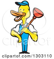 Poster, Art Print Of Cartoon Duck Plumber Worker Man Holding A Plunger