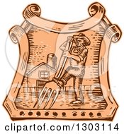 Clipart Of A Sketched Or Engraved Male Farmer Using A Giant Fork In A Crest With A Barn Royalty Free Vector Illustration by patrimonio