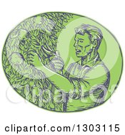 Clipart Of A Sketched Or Engraved Male Orchadist Trimming A Plum Tree In A Green Oval Royalty Free Vector Illustration