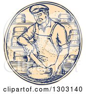 Sketched Or Engraved Cheesemaker Cutting Cheddar In A Circle