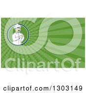 Poster, Art Print Of Retro Cartoon White Male Head Chef With A Mustache Pointing And Green Rays Background Or Business Card Design
