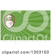 Poster, Art Print Of Retro Cartoon White Male Head Chef With A Mustache Pointing And Green Rays Background Or Business Card Design