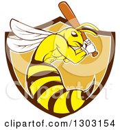 Poster, Art Print Of Retro Cartoon Killer Bee Baseball Player Mascot Batting In A Bown White And Orange Shield