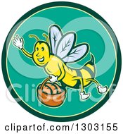 Poster, Art Print Of Cartoon Friendly Bee Flying With A Bread Basket In A Green And Yellow Circle