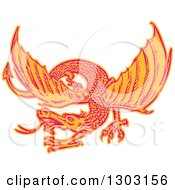 Poster, Art Print Of Sketched Or Engraved Flying Dragon