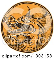 Clipart Of A Sketched Or Engraved Chinese Dragon Head Circle Royalty Free Vector Illustration