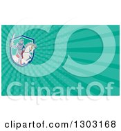 Clipart Of A Retro Cartoon Horseback Knight Wielding A Sword And Turquoise Rays Background Or Business Card Design Royalty Free Illustration