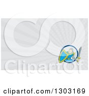 Clipart Of A Retro Cartoon Male Knight In Armor Holding A Sword And Shield And Gray Rays Background Or Business Card Design Royalty Free Illustration