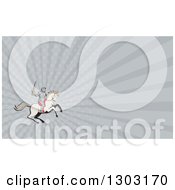 Poster, Art Print Of Retro Cartoon Horseback Knight Wielding A Sword And Gray Rays Background Or Business Card Design